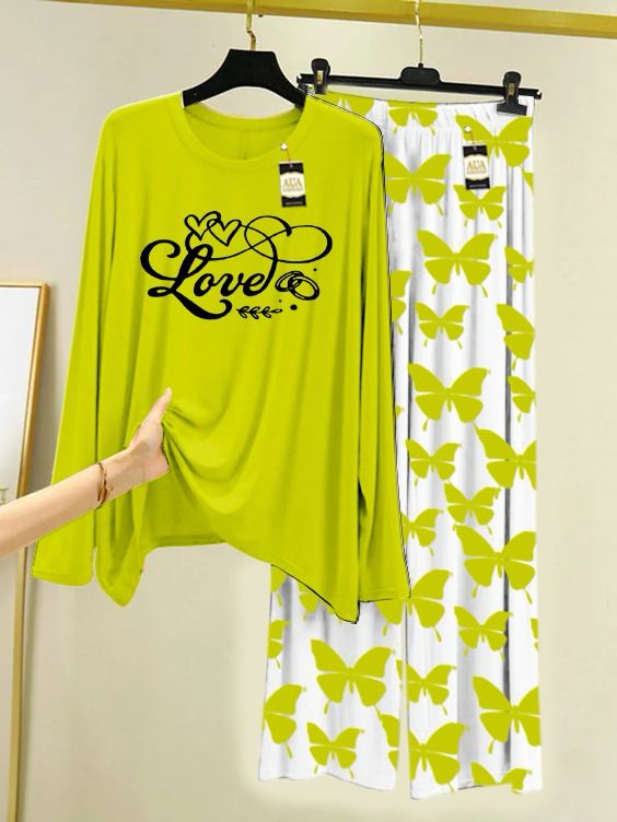 Lounge Wear With Printed Trouser - Green Yellow - 03
