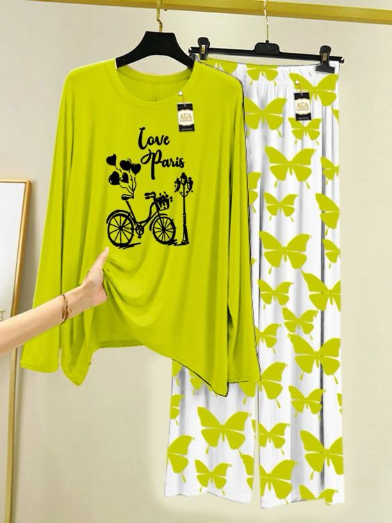 Lounge Wear With Printed Trouser - Green Yellow - 04