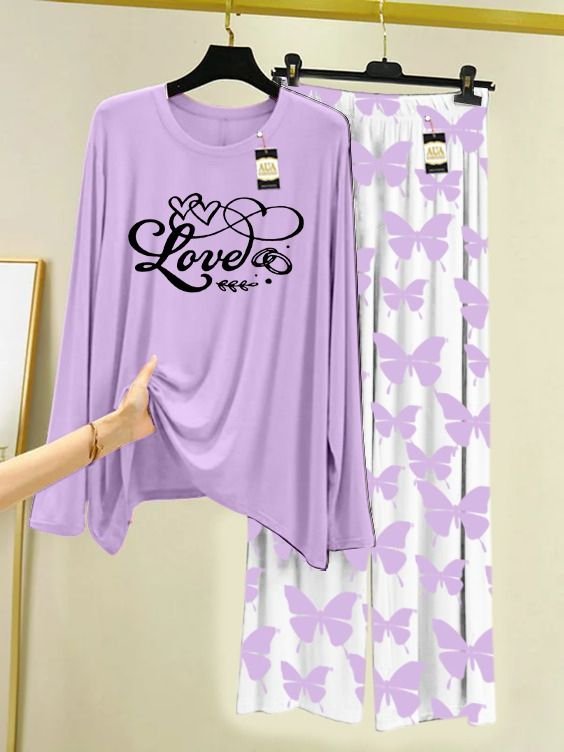 Lounge Wear With Printed Trouser - Purple - 01