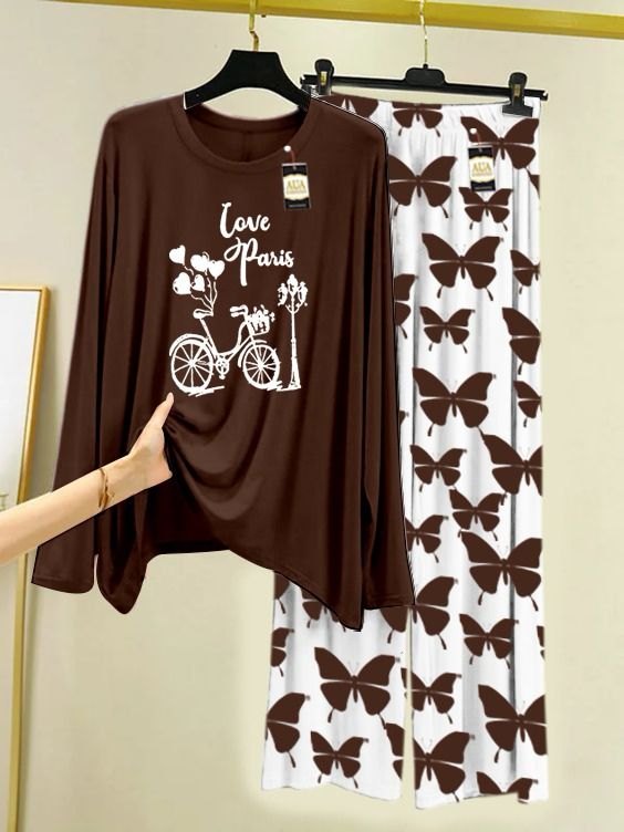Lounge Wear With Printed Trouser - Brown - 03