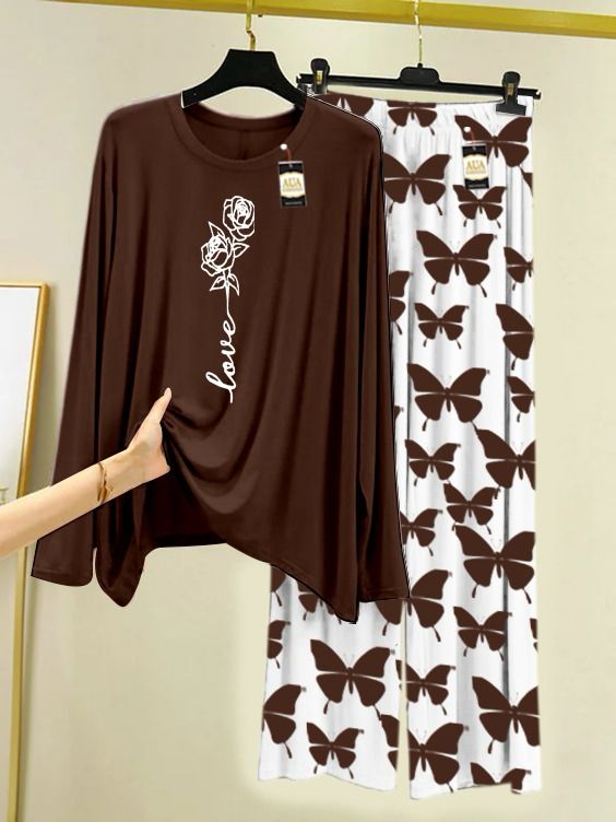 Lounge Wear With Printed Trouser - Brown - 02