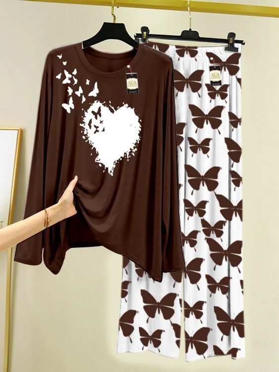 Lounge Wear With Printed Trouser - Brown - 04