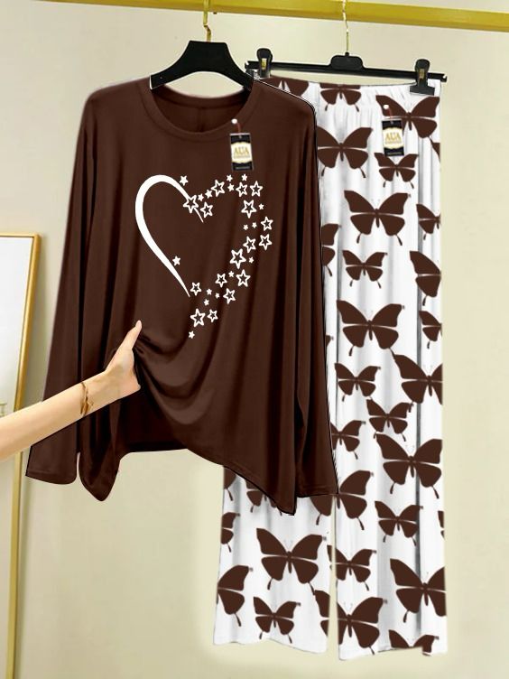 Lounge Wear With Printed Trouser - Brown - 05