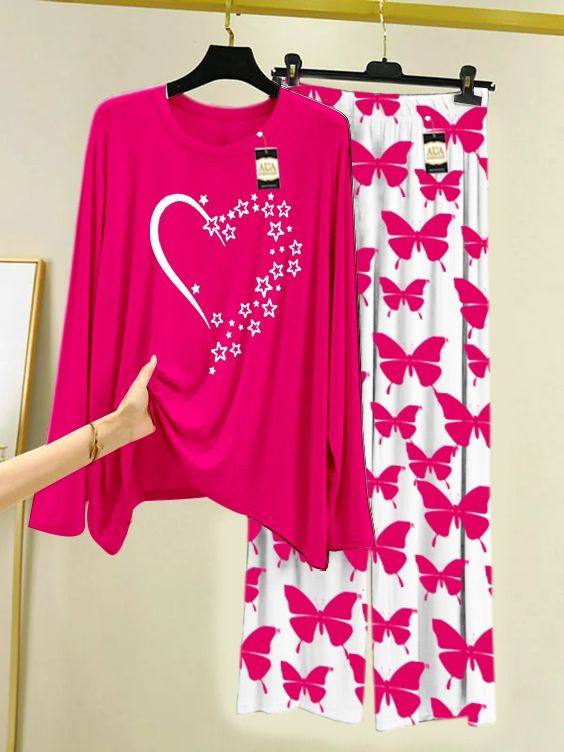 Lounge Wear With Printed Trouser - Dark Pink - 01
