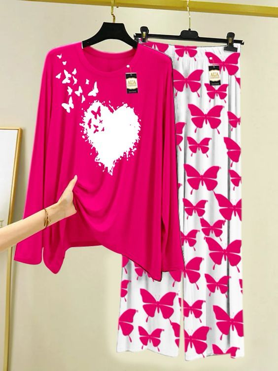 Lounge Wear With Printed Trouser - Dark Pink - 02