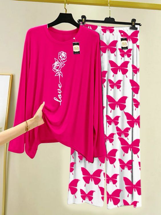 Lounge Wear With Printed Trouser - Dark Pink - 04