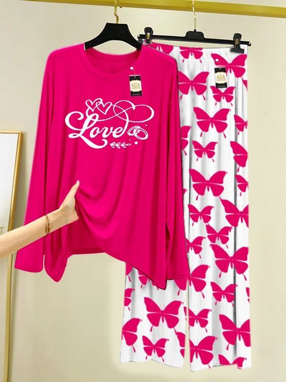 Lounge Wear With Printed Trouser - Dark Pink - 03