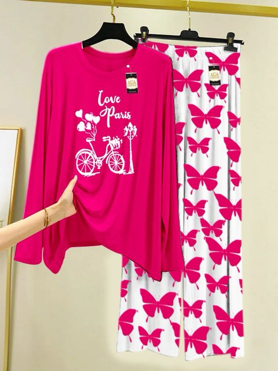 Lounge Wear With Printed Trouser - Dark Pink - 05