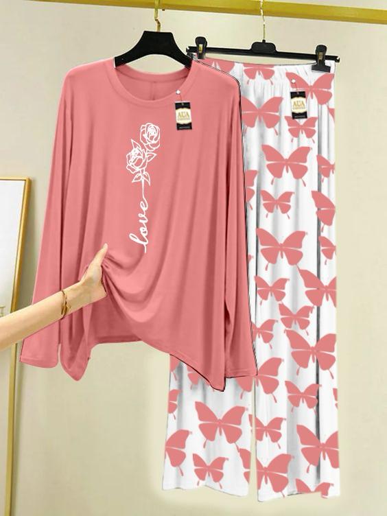 Lounge Wear With Printed Trouser - Light Pink - 02