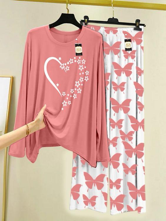 Lounge Wear With Printed Trouser - Light Pink - 05