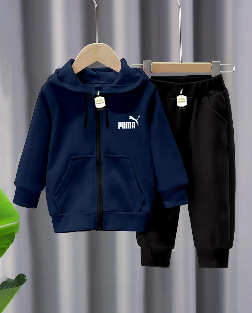 Kids Fleece Pu-ma Zipper Hoodie & Trouser Set