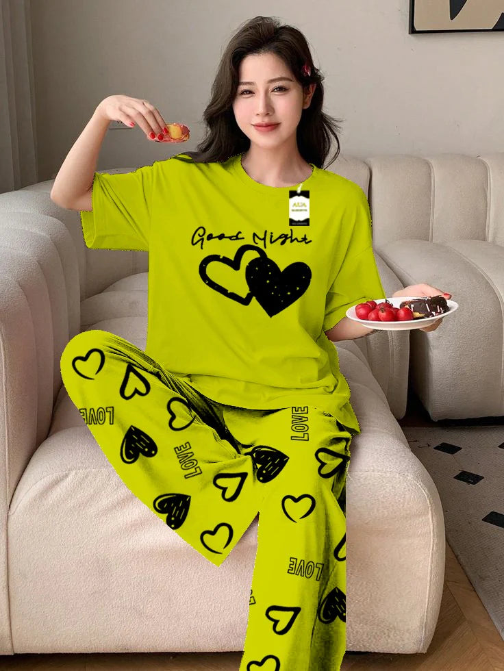 Light Green Good Night Printed Nightwear Set With Love Heart Printed Trousers – Women's Lounge Wear