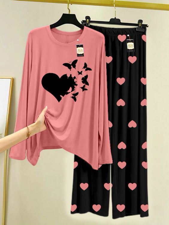 Peach Heart Butterfly Heart Printed Night Wear For Womens With Black Mini Heart Troucer - 01