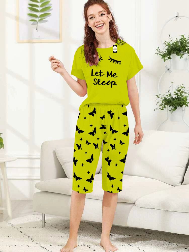 Capri Night Wear Leet Me Sleep With Printed Troucer - Green -07