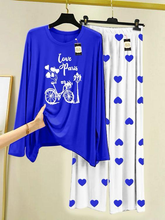 Royel Blue Printed Night Wear For Womens With Mini Heart Trouser - 01