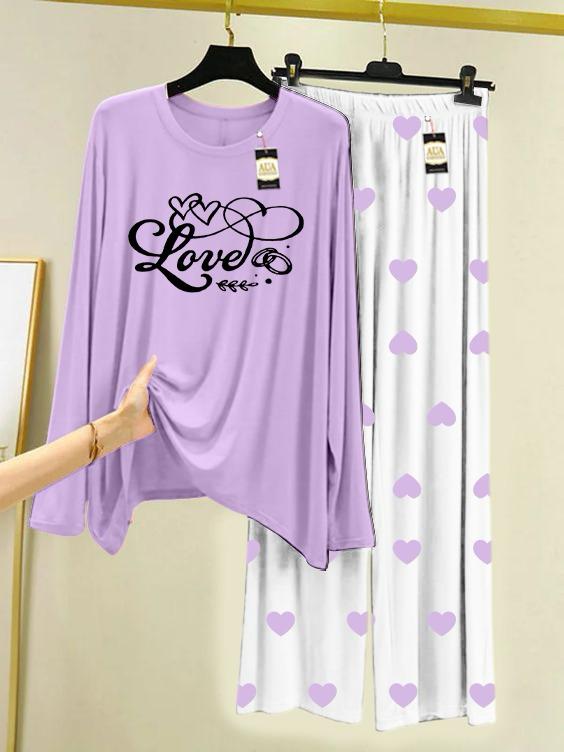 Purple Love Printed Night Wear For Womens With Mini Heart Trouser - 02