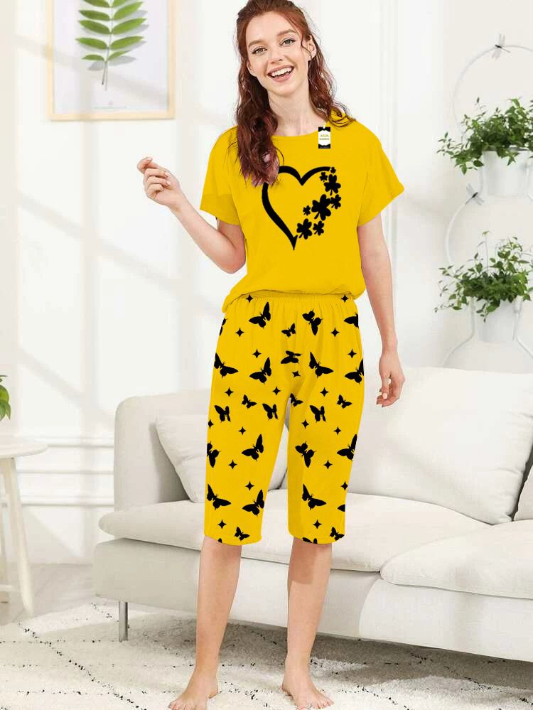 Capri Night Wear Women Heart With Printed Troucer - YELLOW -07