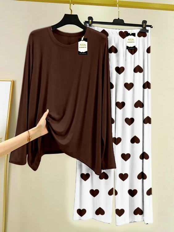 Brown Plain Night Wear For Womens With Mini Heart Trouser - 06