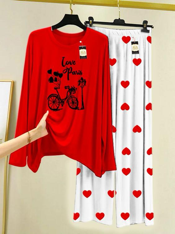 Red  Love Pairs Printed Night Wear For Womens With Mini Heart Trouser - 05