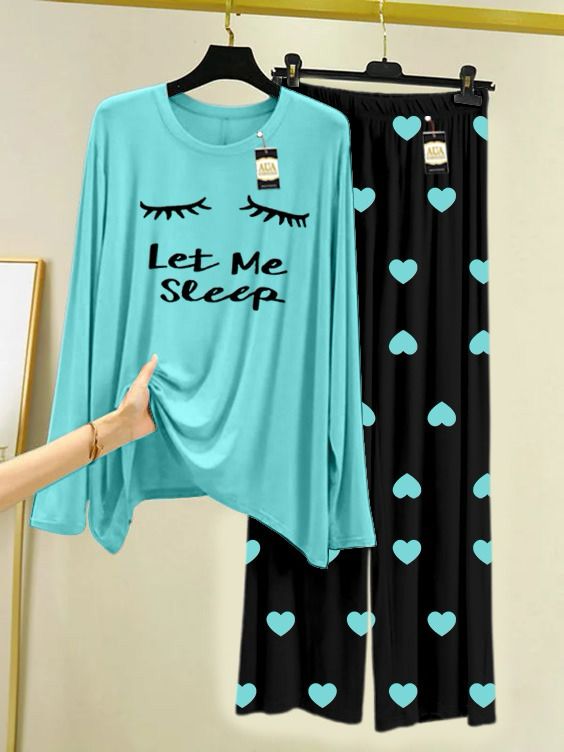 Sky Blue Leet Me Sleep Printed Night Wear For Womens With Black Mini Heart Troucer - 15