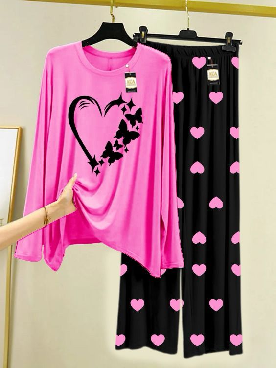 Dark Pink Women Heart Printed Night Wear For Womens With Black Mini Heart Troucer - 23