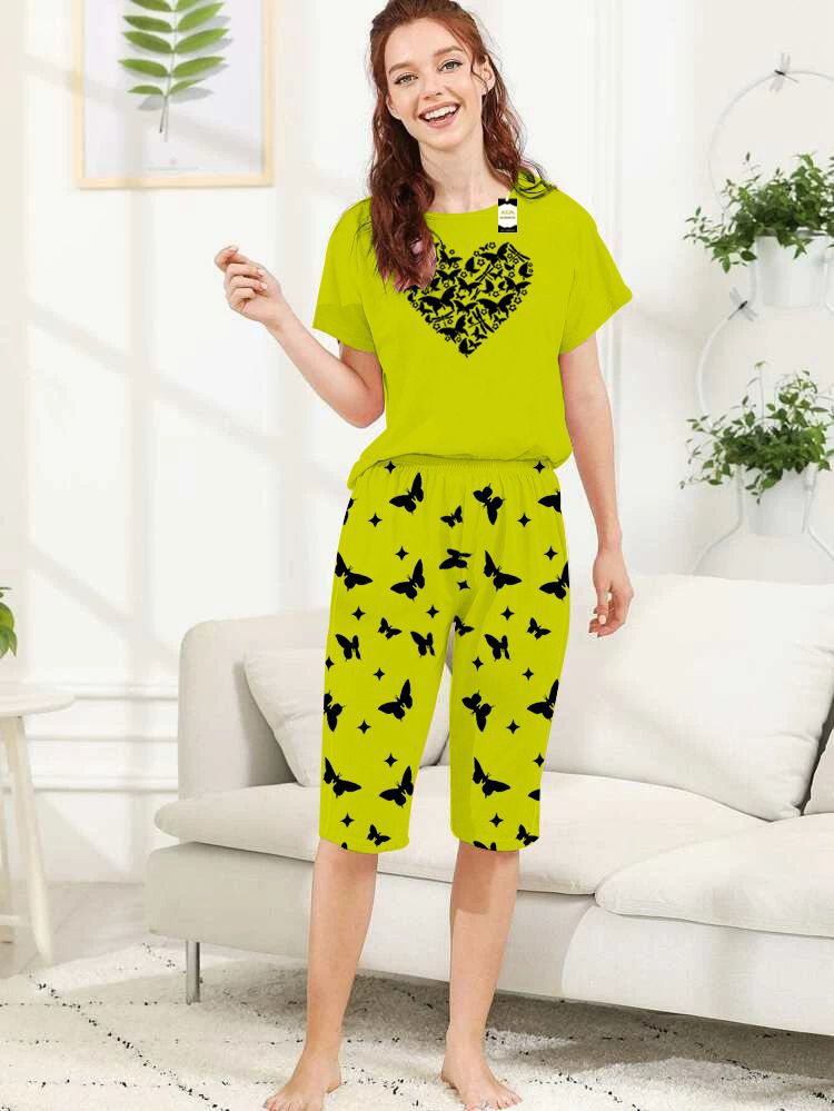 Capri Night Wear New ButterflyHeart With Printed Troucer - Green -05