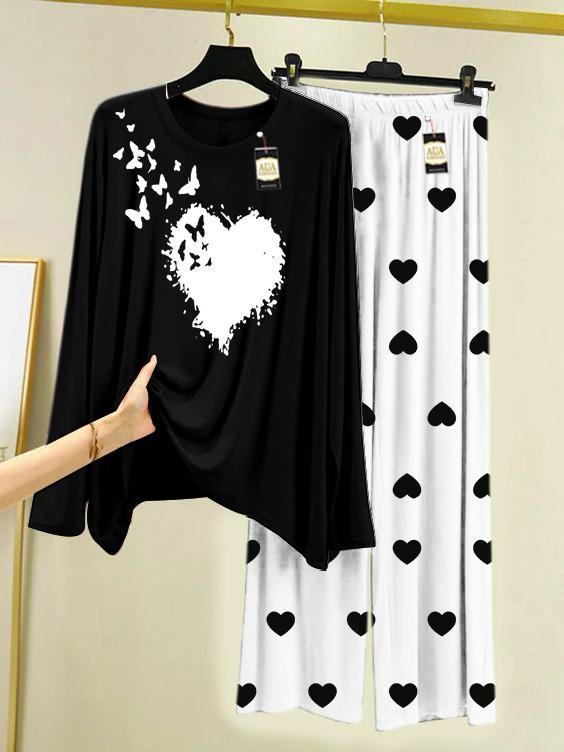 Black Heart Buttrfly Printed Night Wear For Womens With Mini Heart Trouser - 04