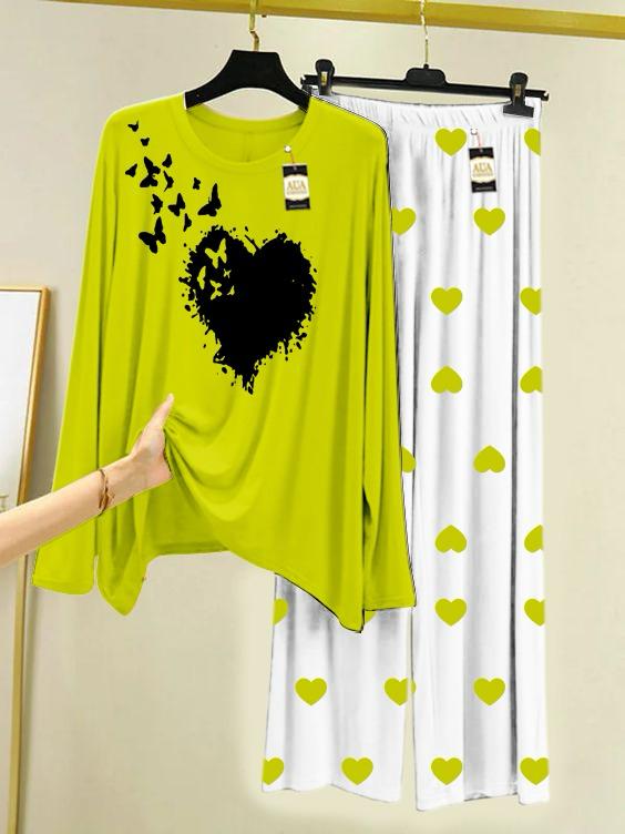 Green Heart Butterfly Printed Night Wear For Womens With Mini Heart Trouser - 03