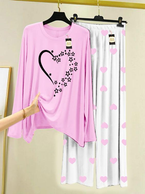 Baby Pink Star heart Printed Night Wear For Womens With Mini Heart Trouser - 02