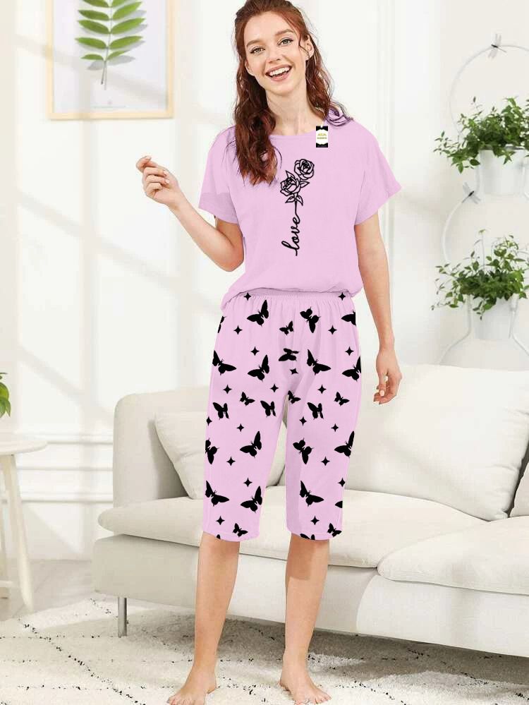 Capri Night Wear Rose Love With Printed Troucer - Baby Pink -01