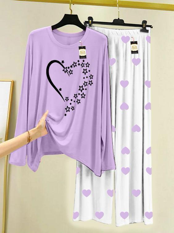 Purple Star Heart Printed Night Wear For Womens With Mini Heart Trouser - 05