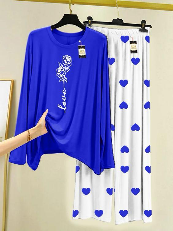 Royel Blue Rose Love Printed Night Wear For Womens With Mini Heart Trouser - 03