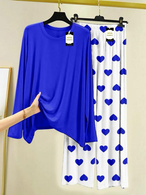 Royel Blue Plain  Night Wear For Womens With Mini Heart Trouser - 06