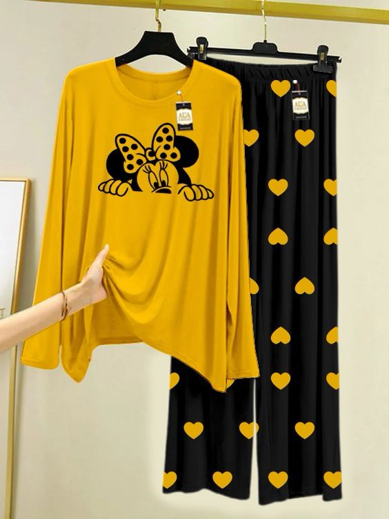 Yellow Micky Printed Night Wear For Womens With Black Mini Heart Troucer - 17