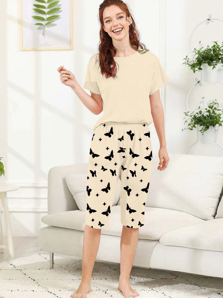 Capri Night Wear Plain With Printed Troucer - Beige -06