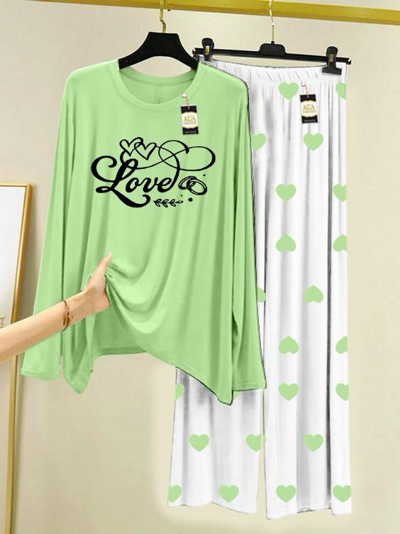 Sea Green Love Printed Night Wear For Womens With Mini Heart Trouser - 05