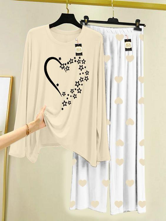 Beige Star Heart Printed Night Wear For Womens With Mini Heart Trouser - 02