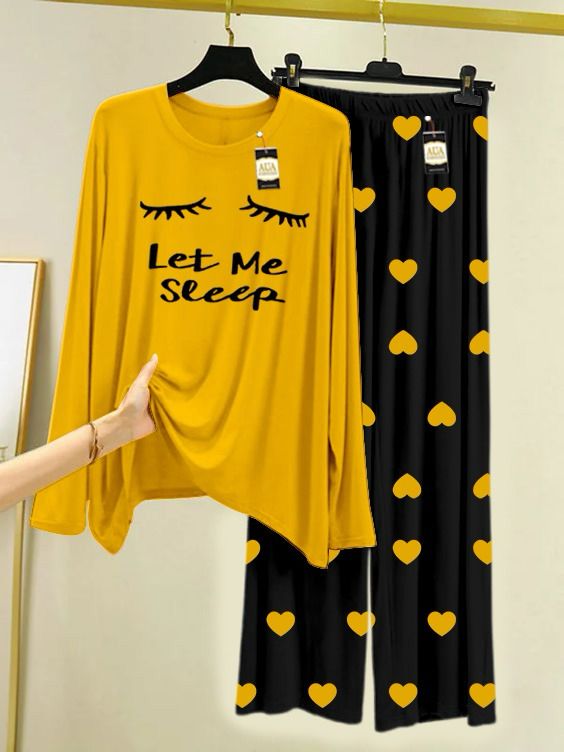 Yellow Leet Me Sleep Printed Night Wear For Womens With Black Mini Heart Trouser - 33