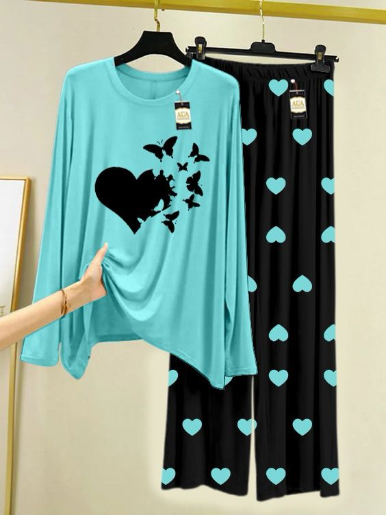 Sky Blue Heart Butterfly Printed Night Wear For Womens With Black Mini Heart Troucer - 02