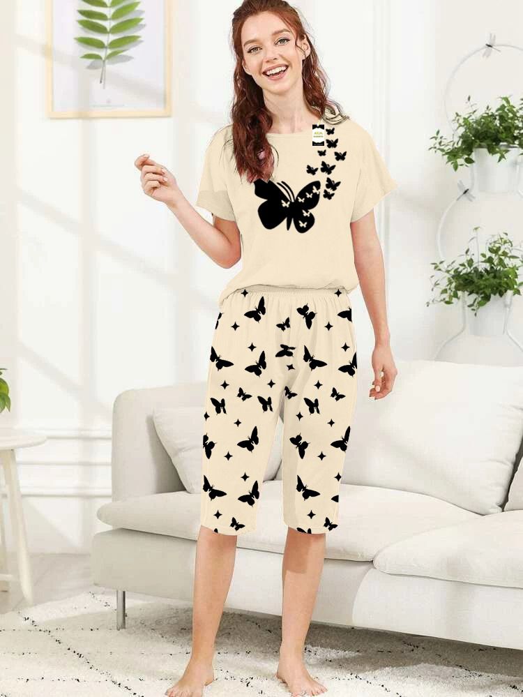 Capri Night Wear Mini Butterfly With Printed Troucer - Beige -07