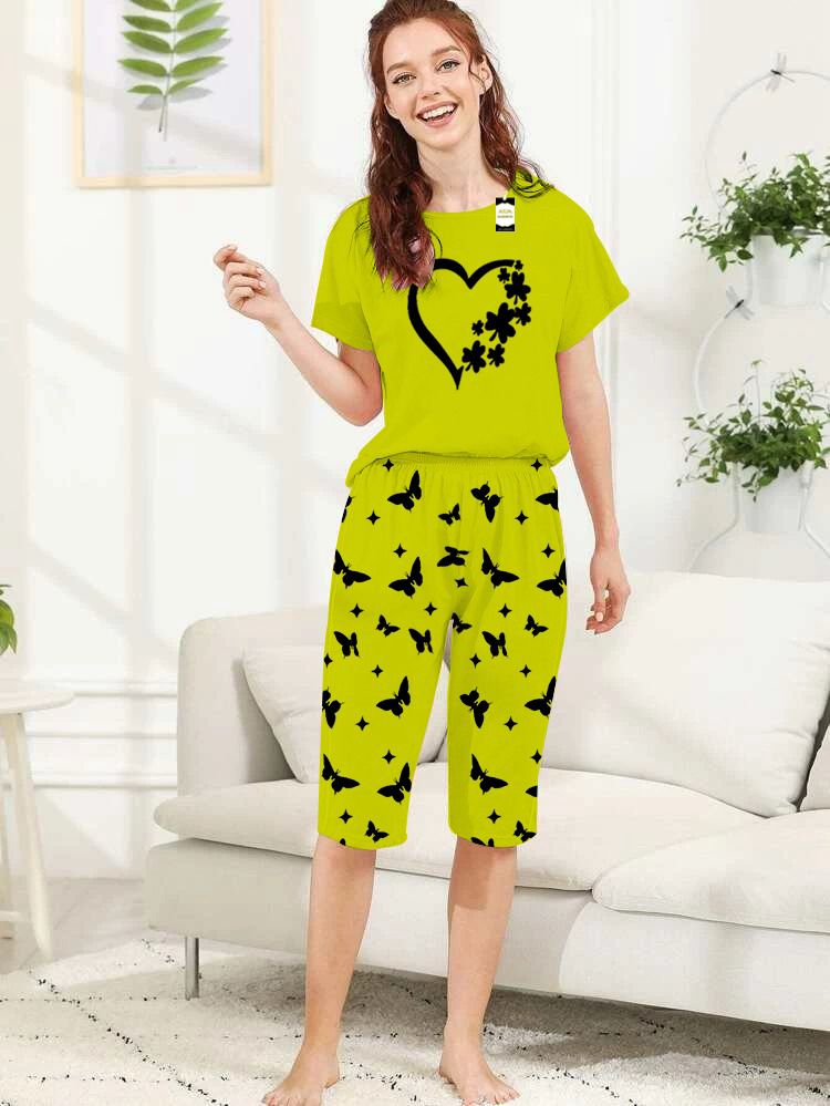 Capri Night Wear Women Heart With Printed Troucer - Green -03