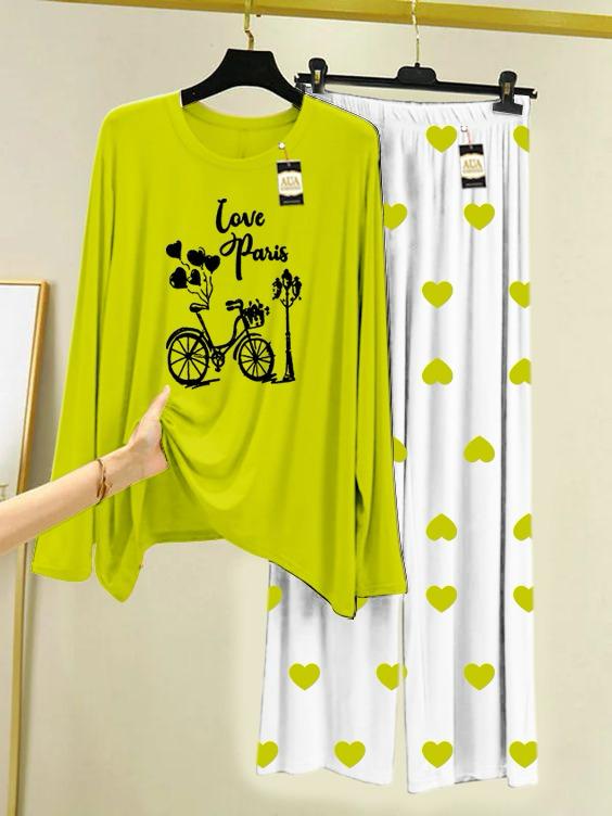Green Love Paris Printed Night Wear For Womens With Mini Heart Trouser - 02
