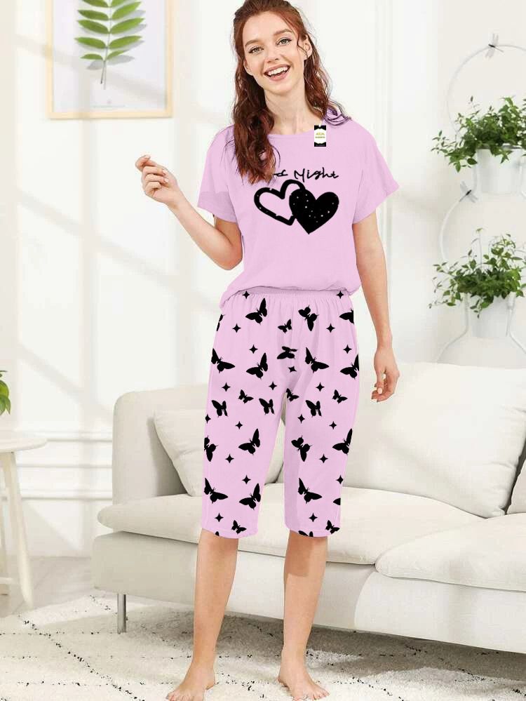 Capri Night Wear Good Night With Printed Troucer - Baby Pink -07