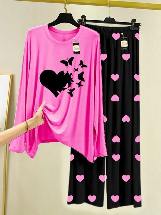 Dark Pink New Heart Printed Night Wear For Womens With Black Mini Heart Troucer - 10