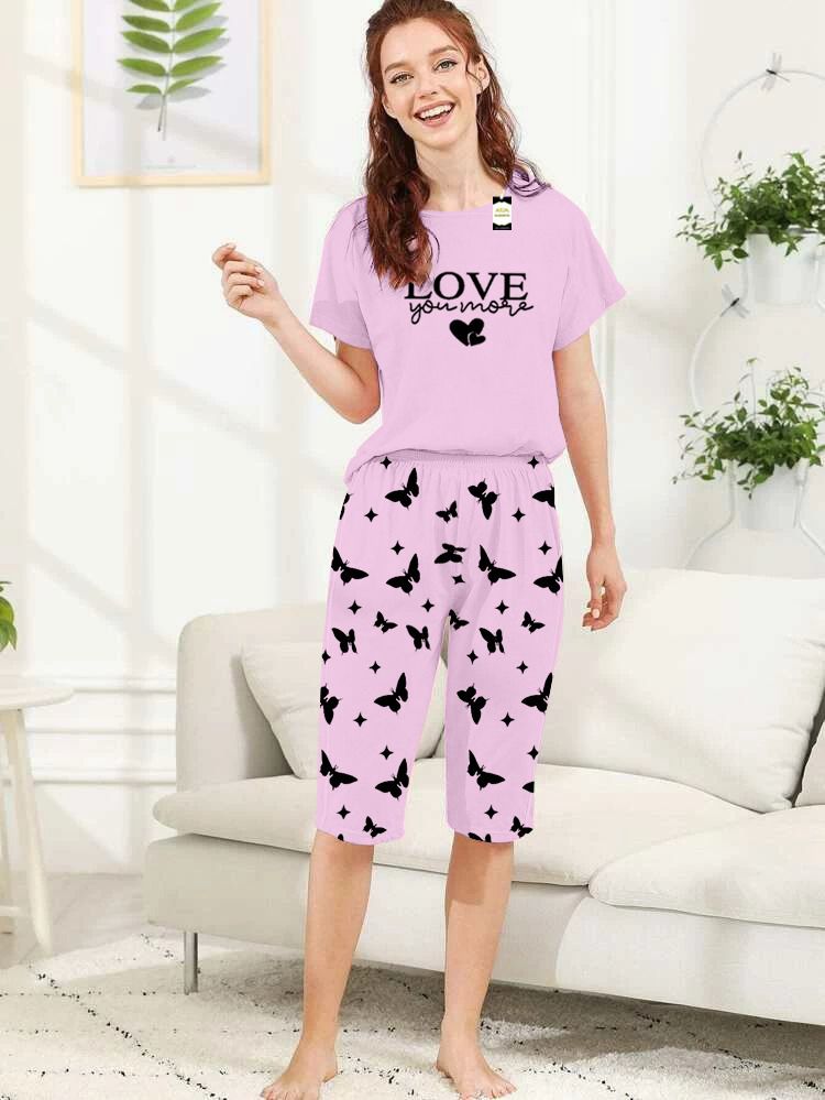 Capri Night Wear Love You More With Printed Troucer - Baby Pink -06