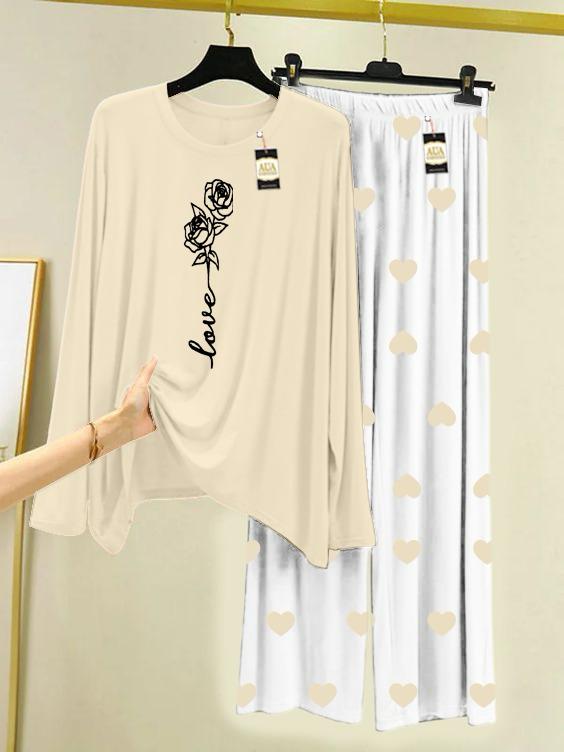 Beige Rose Love Printed Night Wear For Womens With Mini Heart Trouser - 01