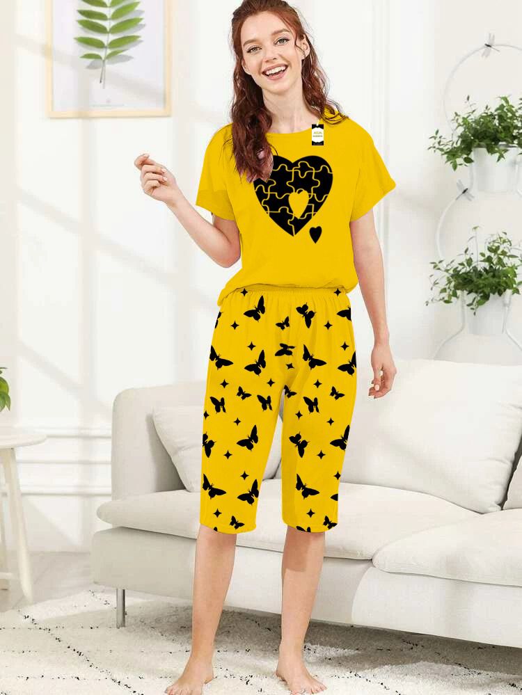 Capri Night Wear Puzzle Heart With Printed Troucer - Yellow -04