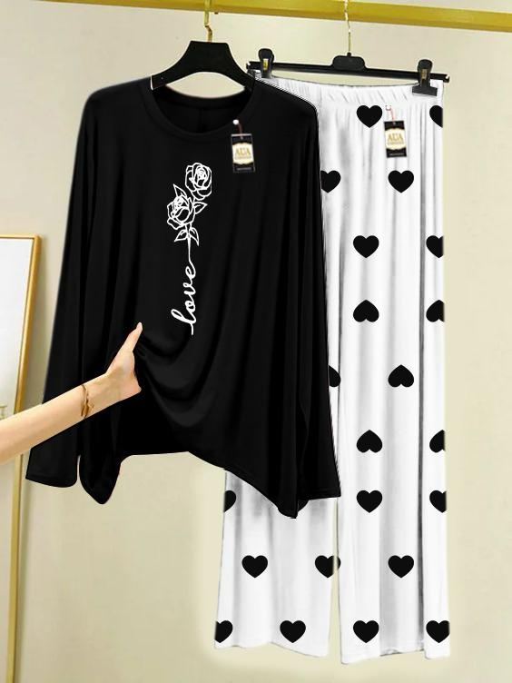Black Rose Love Printed Night Wear For Womens With Mini Heart Trouser - 03