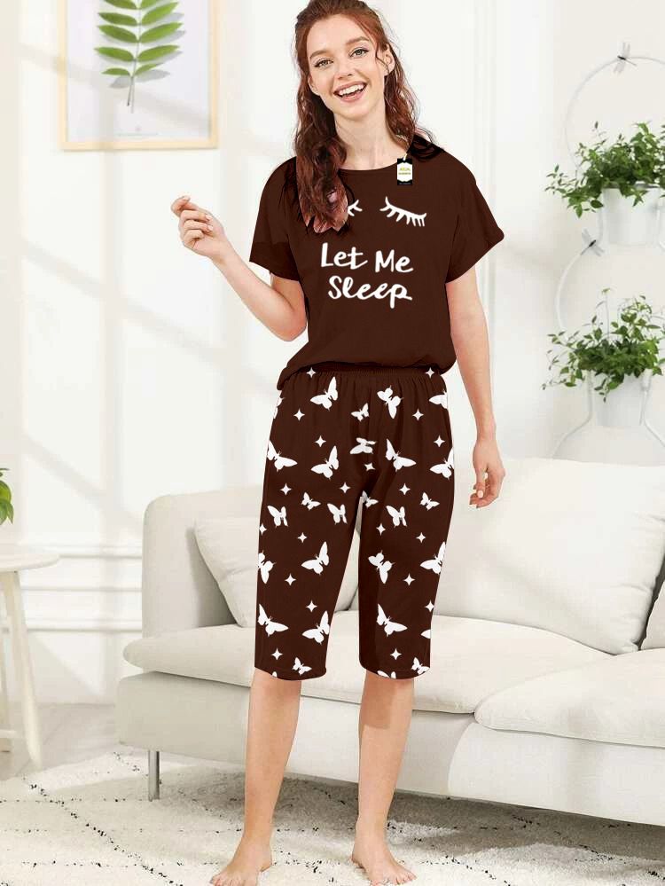 Capri Night Wear Leet Me Sleep With Printed Troucer - Brown -06