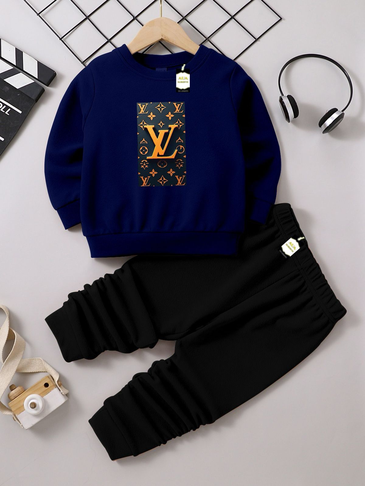 Navy and Black (LV) Printed Kids Tracksuit for Winter By SH Moon Wear